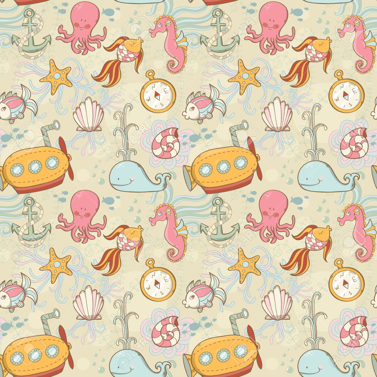 水中の生き物かわいい漫画夏シームレスなパターンのイラスト素材 ベクタ Image