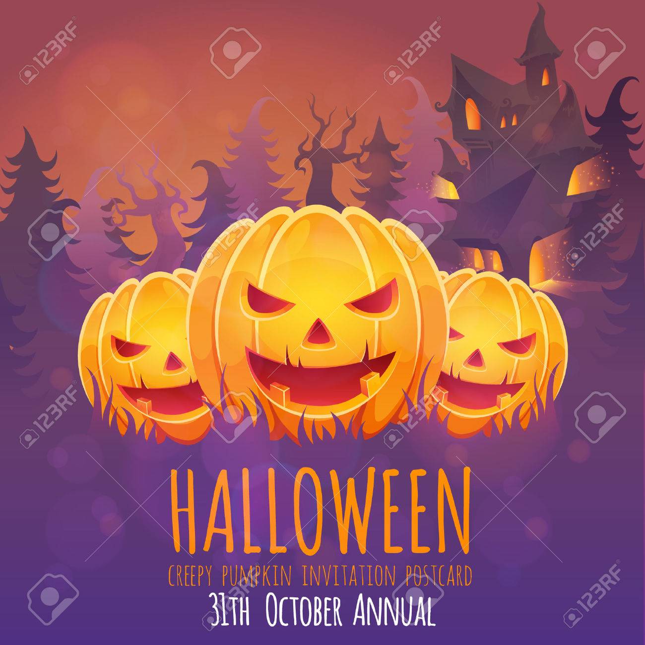 creepy dark halloween invitation card with scary pumpkin smiling