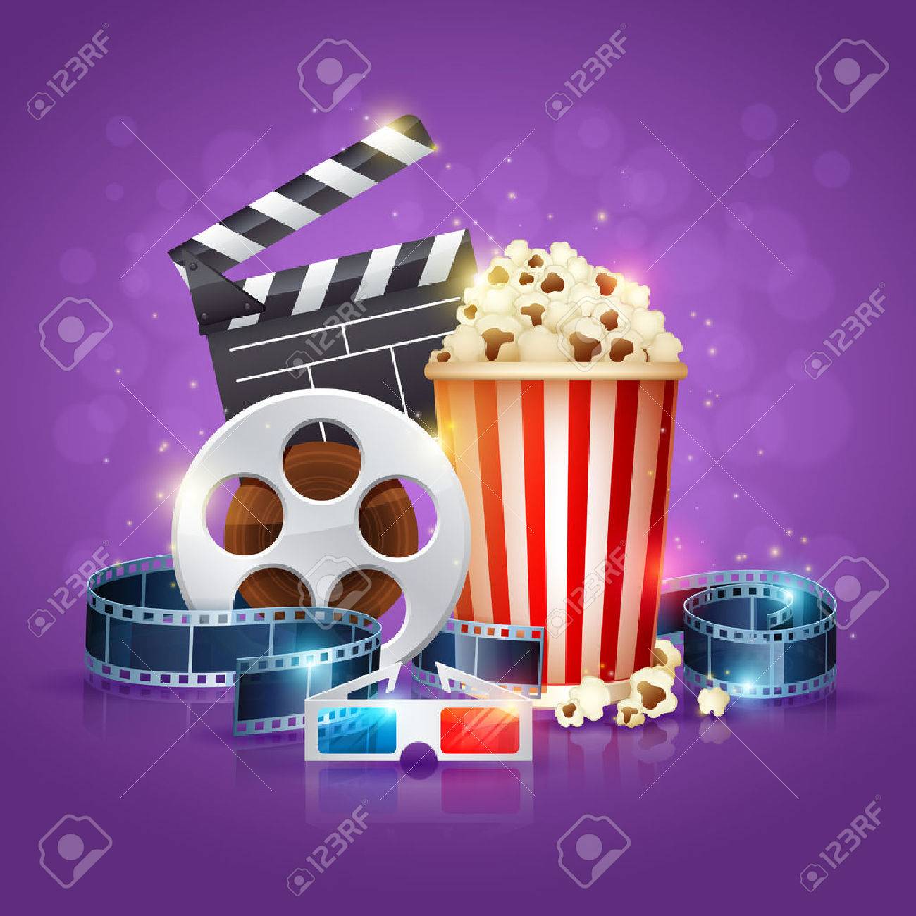 Realistic cinema movie poster template with film reel, clapper, popcorn, 3D glasses, conceptbanners with bokeh - 39386245 Realistic cinema movie poster template with film reel, clapper, popcorn, 3D glasses, conceptbanners with bokeh - 39386245