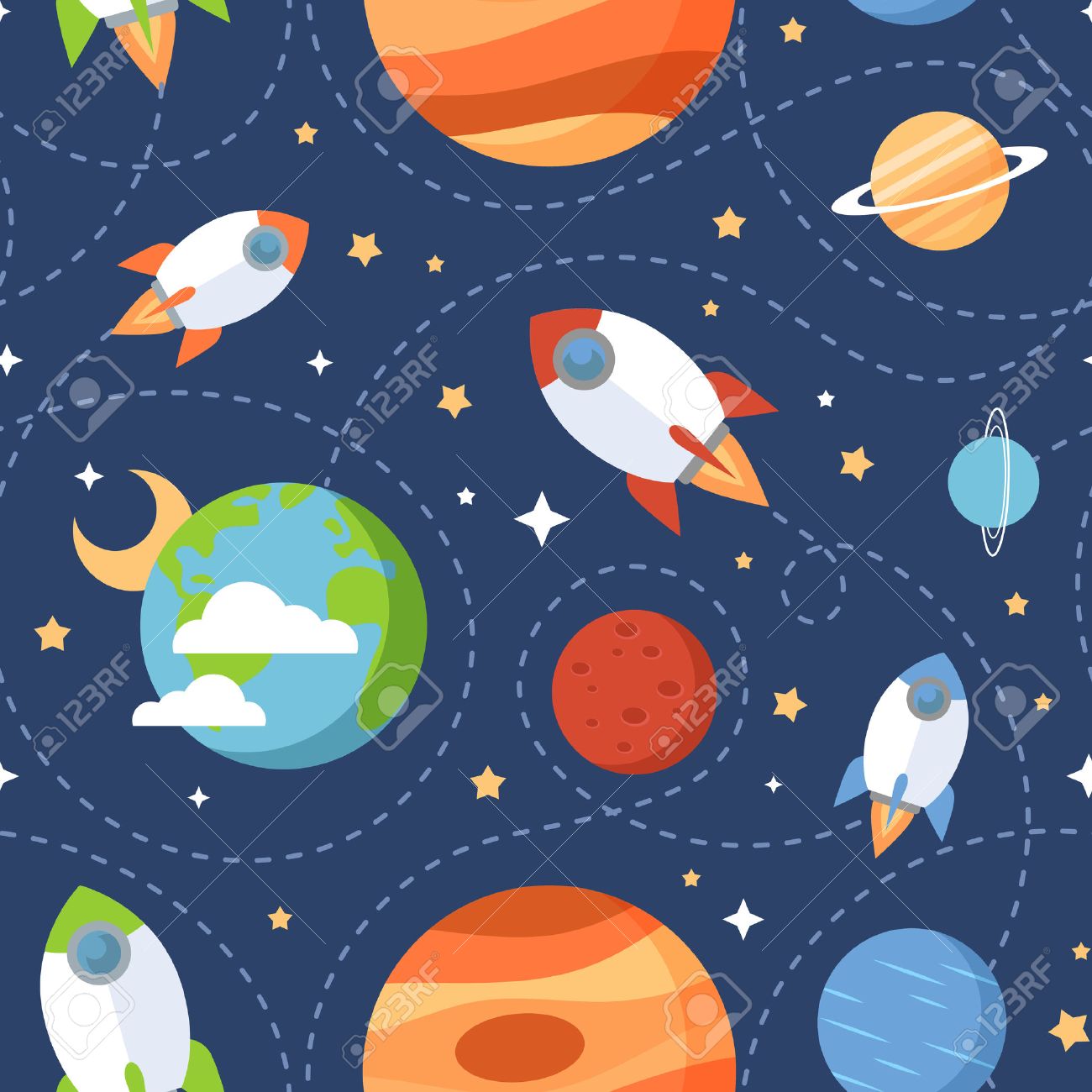 Seamless children cartoon space pattern with rockets planets stars and universe over the dark night sky background - 40171206 Seamless children cartoon space pattern with rockets planets stars and universe over the dark night sky background - 40171206