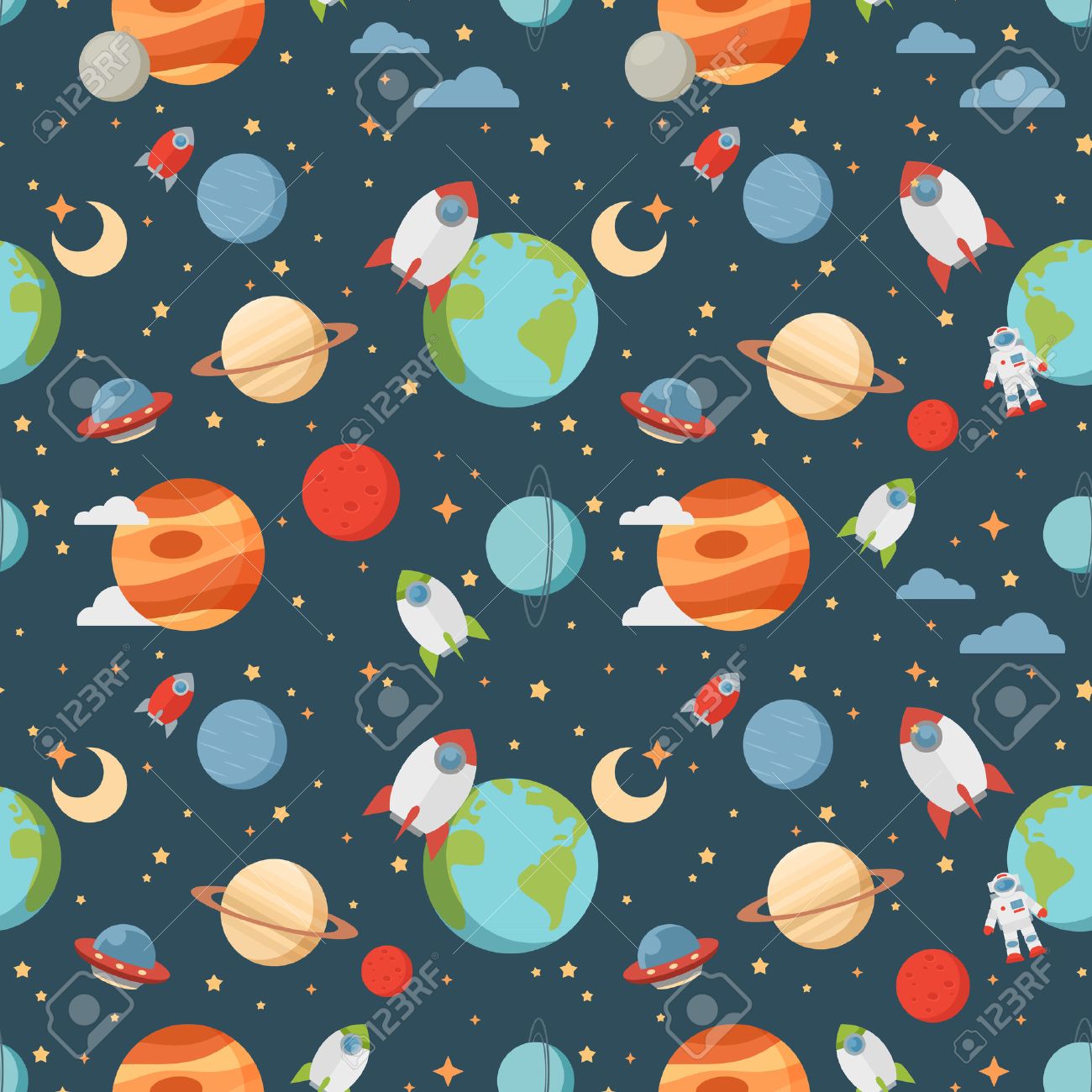 Seamless children cartoon space pattern with rockets planets stars and universe over the dark night sky background - 40171567 Seamless children cartoon space pattern with rockets planets stars and universe over the dark night sky background - 40171567