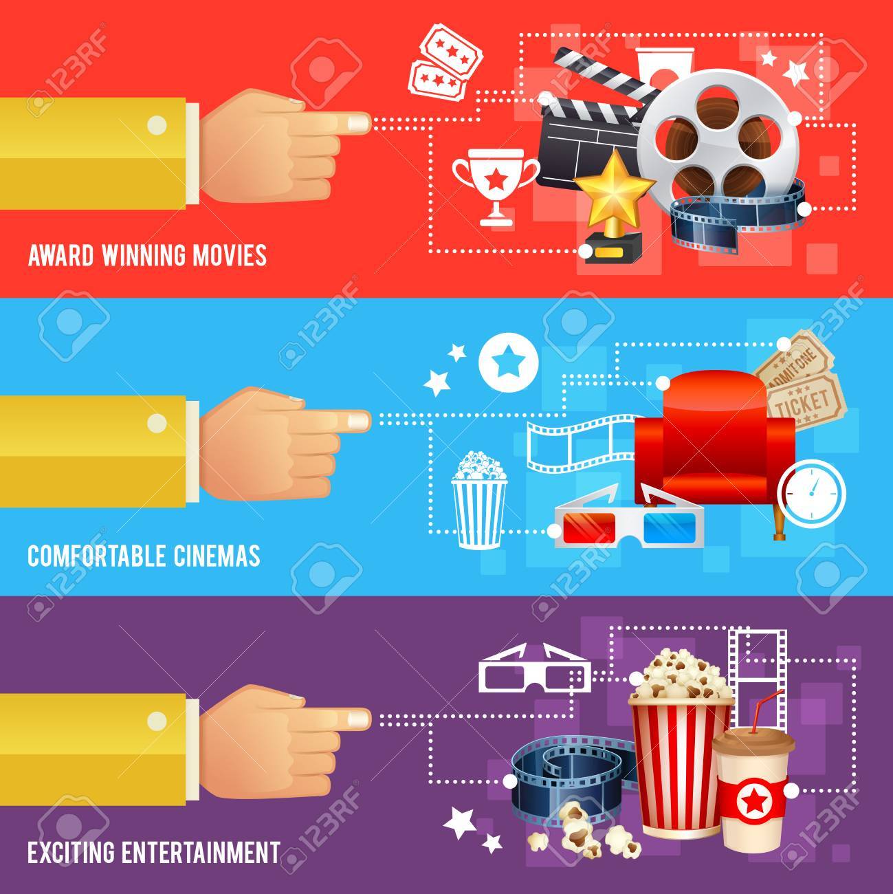Realistic cinema movie poster template with film reel, clapper, popcorn, 3D glasses, conceptbanners - 42779261 Realistic cinema movie poster template with film reel, clapper, popcorn, 3D glasses, conceptbanners - 42779261