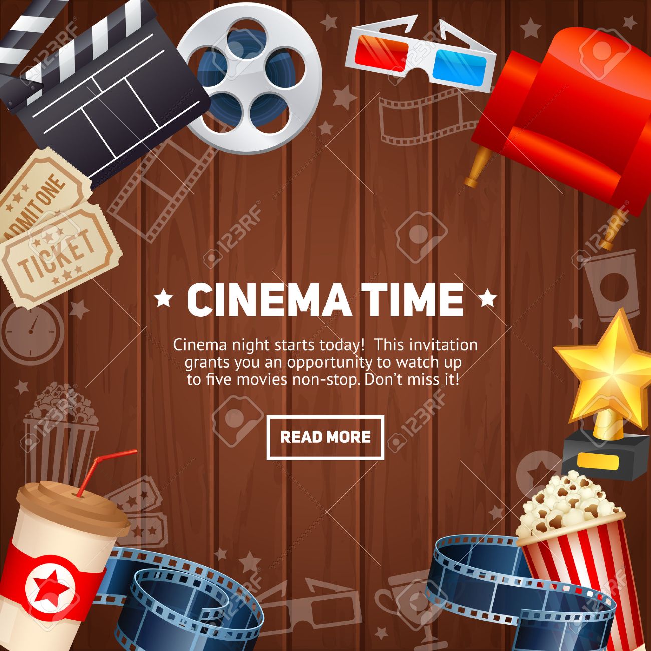 realistic cinema movie poster template with film reel clapper