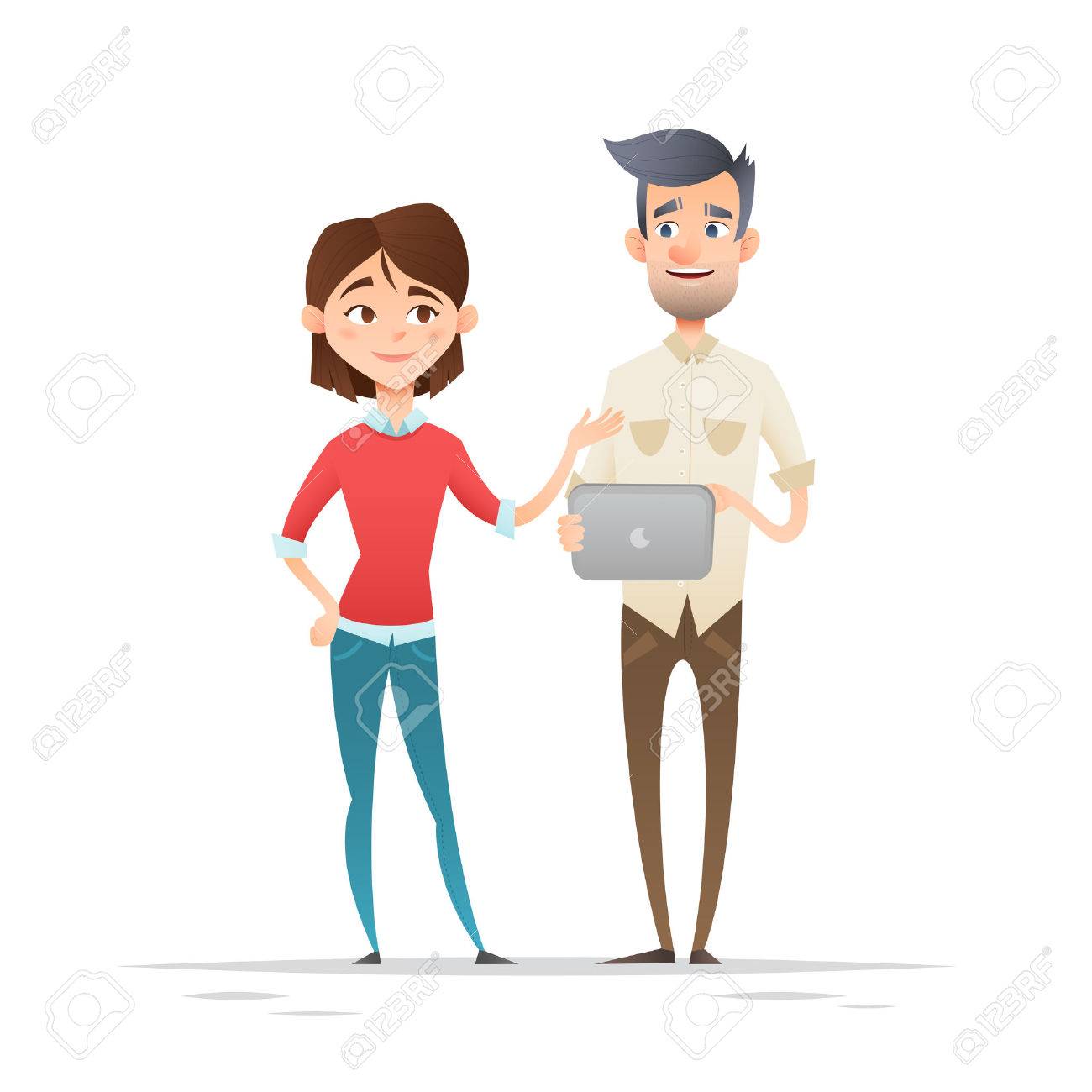 Young hipster business characters, students, woman and man standing, holding gadgets, smartphone and tablet, isolated on white - 60379060 Young hipster business characters, students, woman and man standing, holding gadgets, smartphone and tablet, isolated on white - 60379060