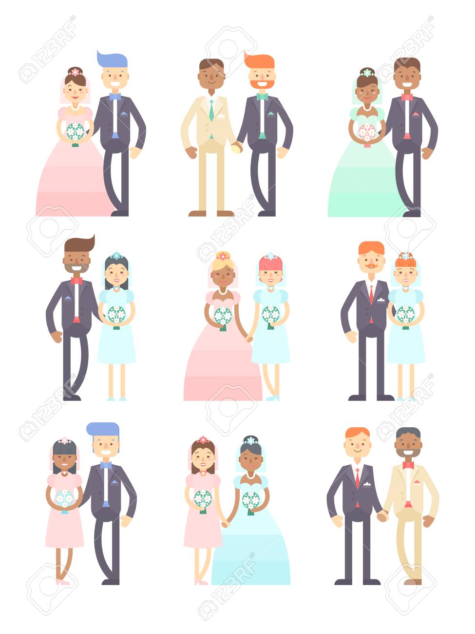 結婚カップルのかわいいキャラクター 新郎のスーツとウェディング ドレスの花嫁のフラットのベクトルを設定します ちょうど結婚しました のイラスト素材 ベクタ Image