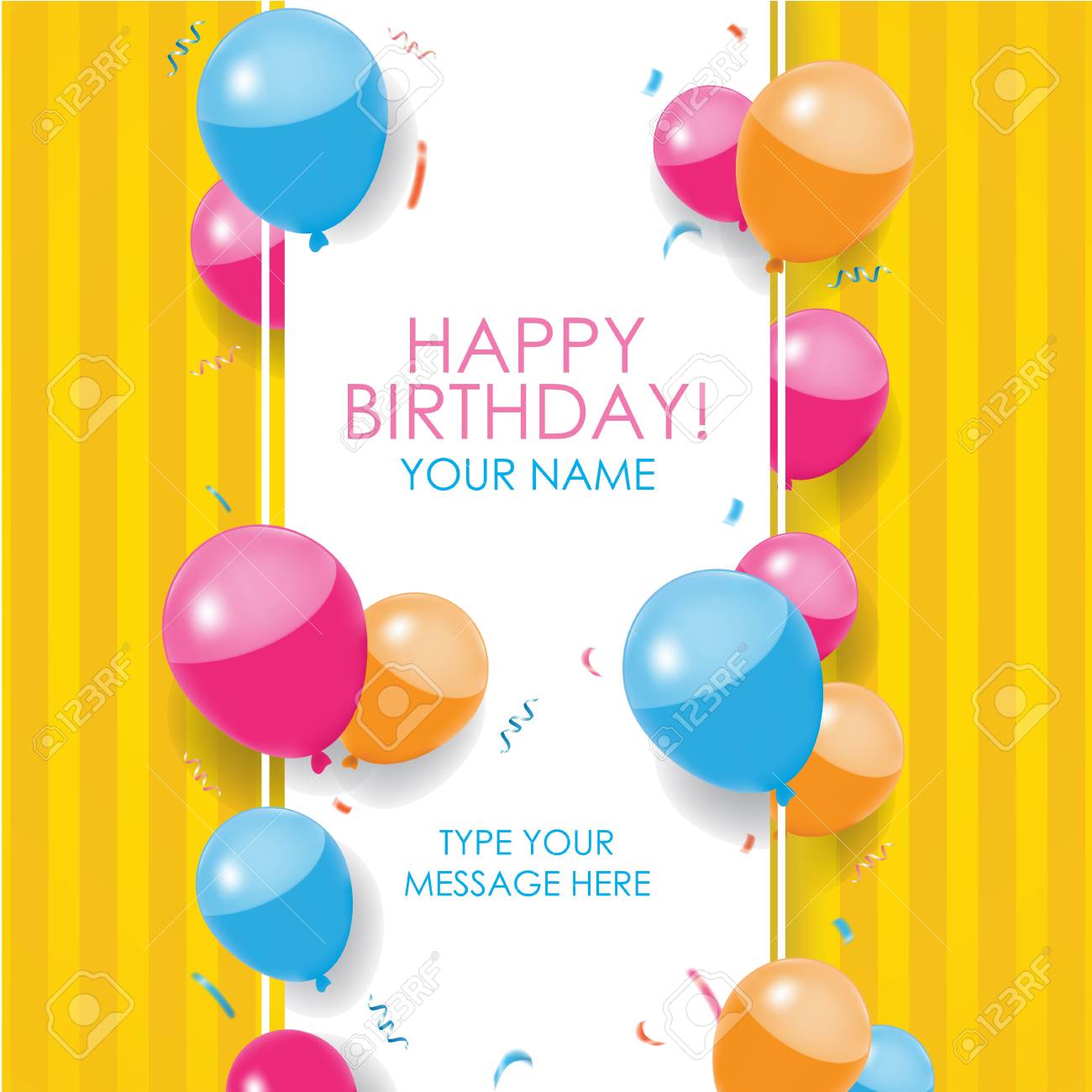 Happy Birthday Card with balloons, confettis, and stripes yellow.. Happy Birthday Card with balloons, confettis, and stripes yellow..
