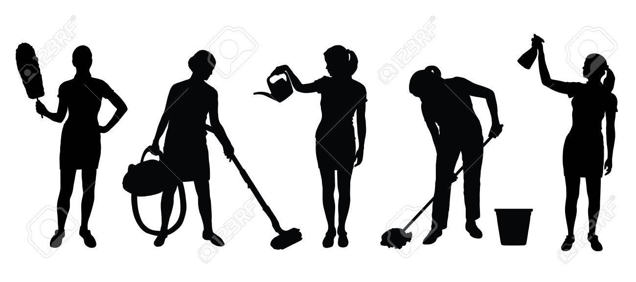 白い背景の上の掃除婦のシルエット のイラスト素材 ベクタ Image