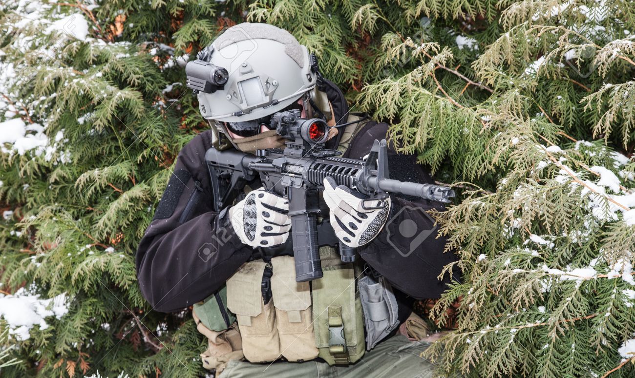 Private Military Contractor PMC With Assault Rifle In The Winter