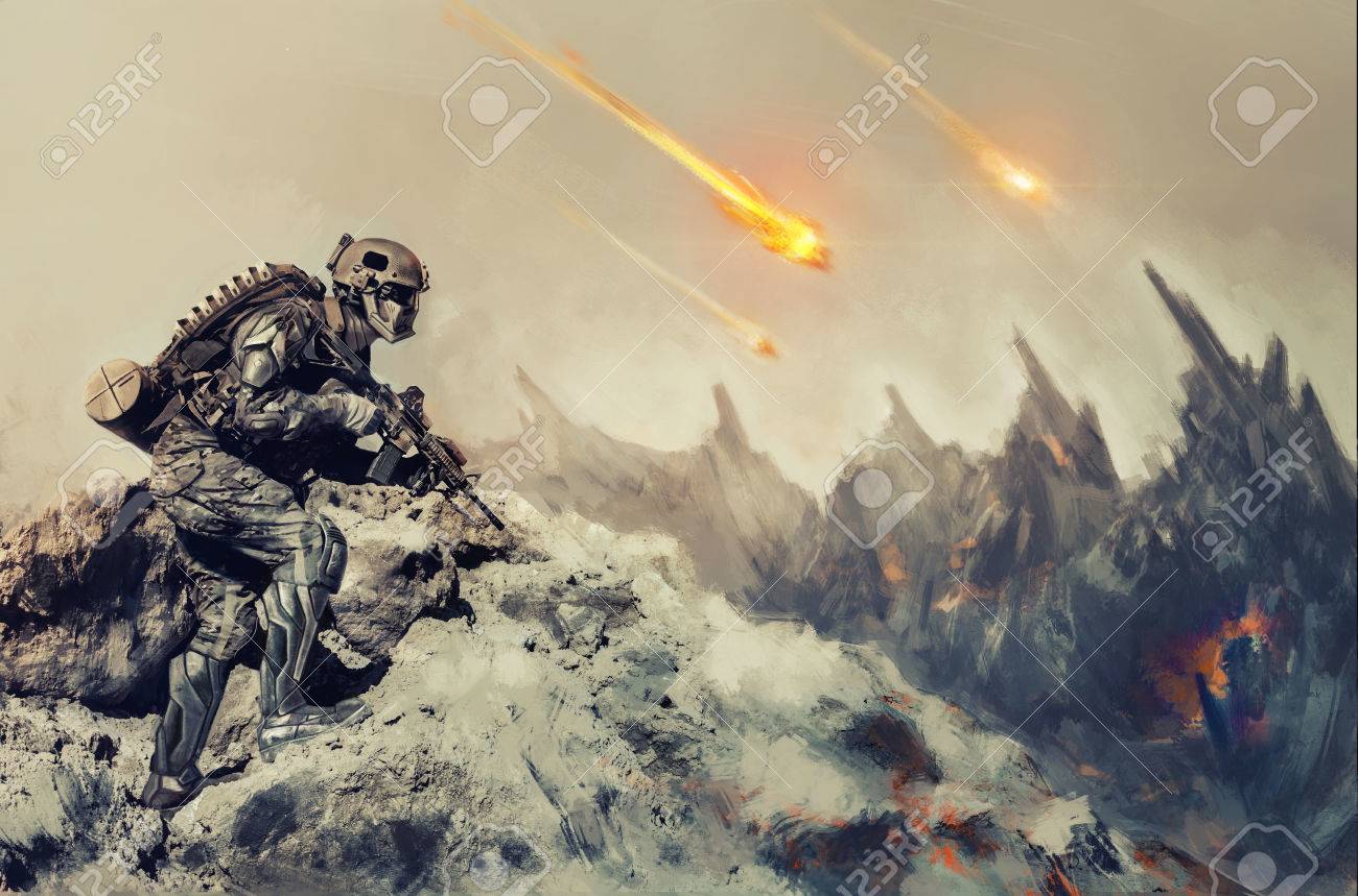 Futuristic mechanical soldier in action on an alien planet - 53556823 Futuristic mechanical soldier in action on an alien planet - 53556823