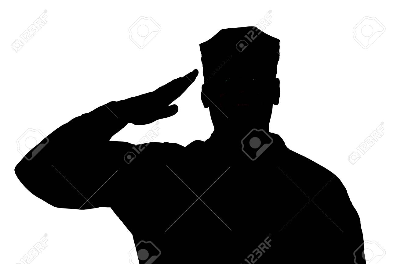 Shoulder silhouette of saluting army soldier in utility cover or cap isolated on white background. Troops hand salute ceremonial greeting, showing respect in army, military funeral honors concept - 107006583 Shoulder silhouette of saluting army soldier in utility cover or cap isolated on white background. Troops hand salute ceremonial greeting, showing respect in army, military funeral honors concept - 107006583