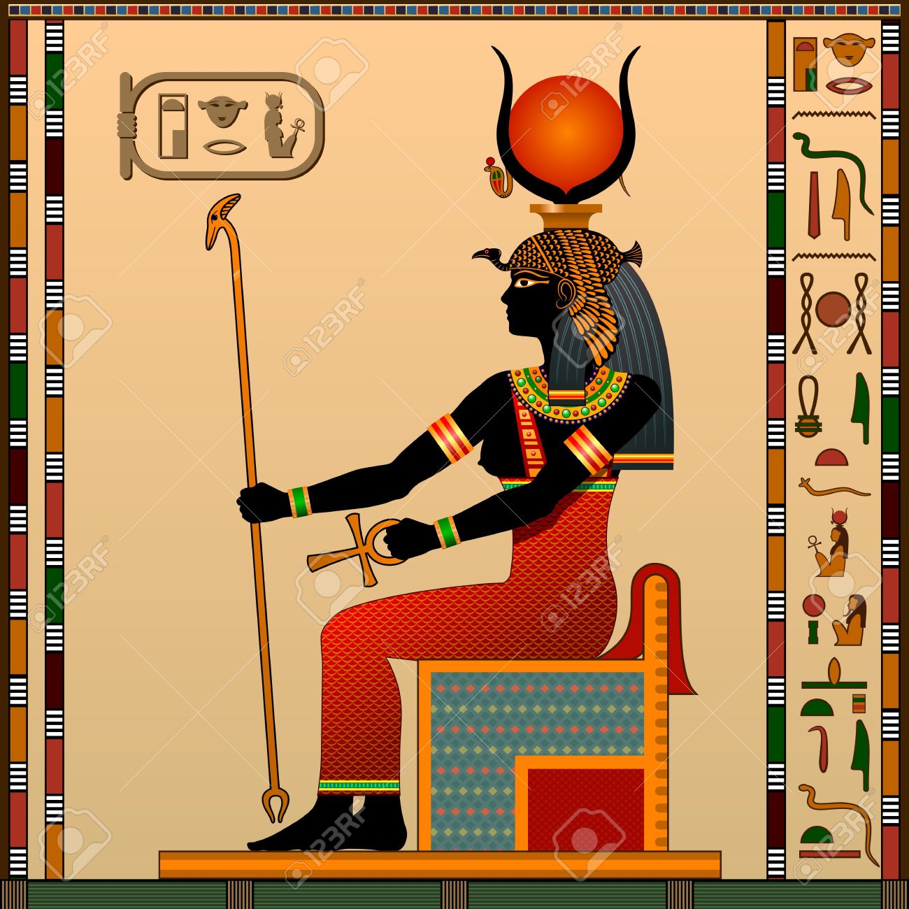 Religión Del Antiguo Egipto Hathor Es La Diosa Del Amor El Cielo La Belleza Y El Arte Diosa Egipcia Antigua Hathor En El Disfraz De Una Mujer En El Trono Ilustración Del