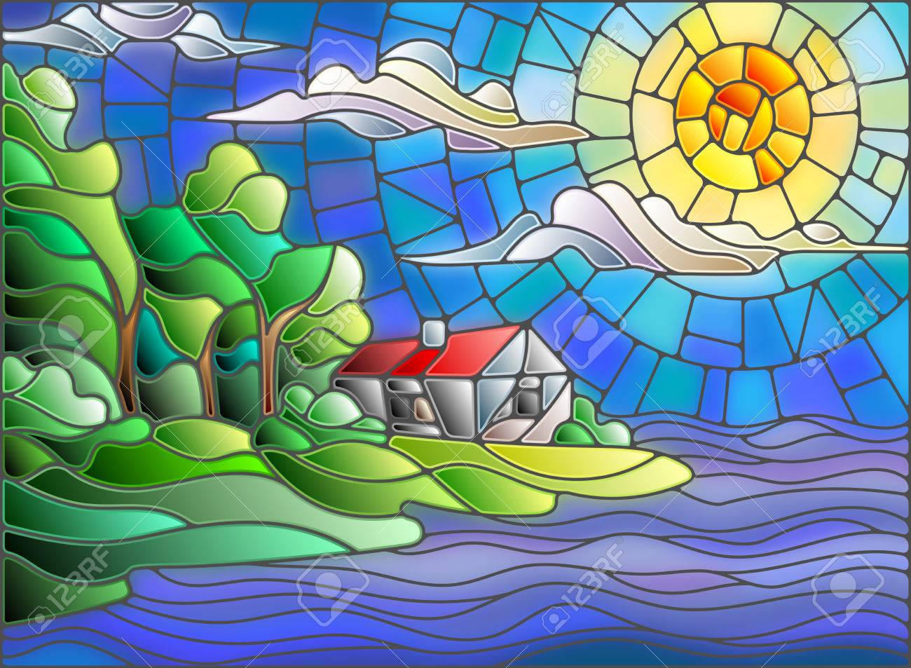 美しい風景 海 船 ボート 街並み ヴィンテージステンドグラス