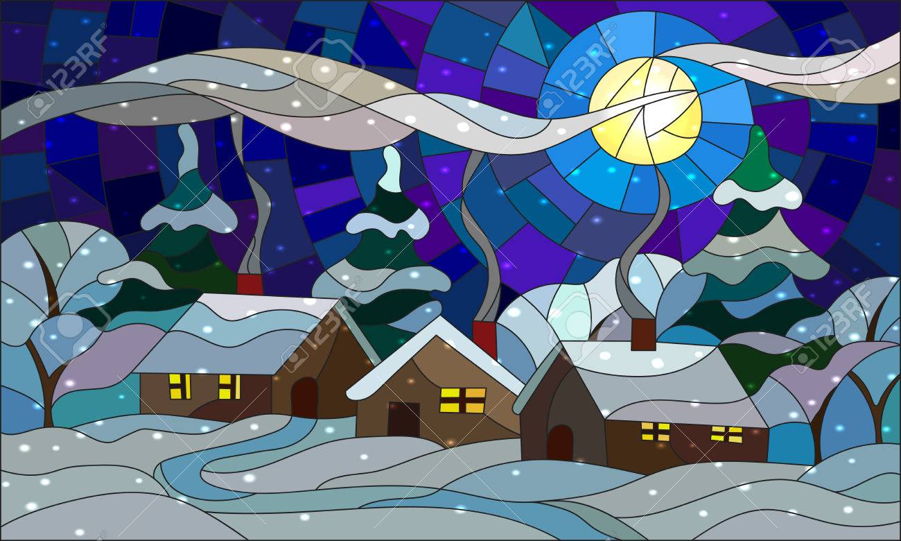 夜の雪景色と二匹の狼 ヴィンテージ ステンドグラス 大型 グラスマスターズ社 夜の雪景色と二匹の狼 ヴィンテージ ステンドグラス 大型 グラス