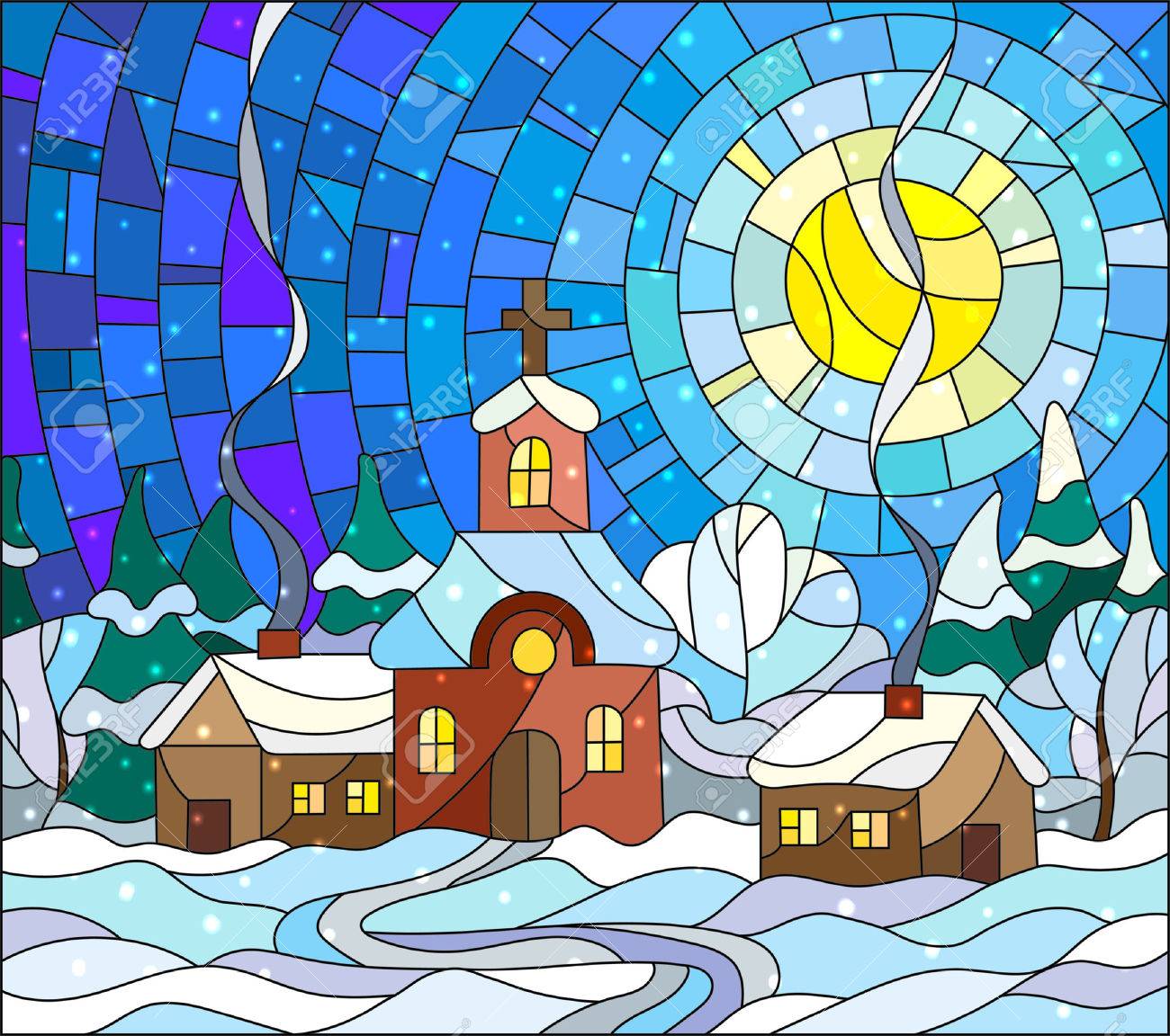 雪、空と太陽の背景にステンド グラス スタイルの教会と村の家の冬の