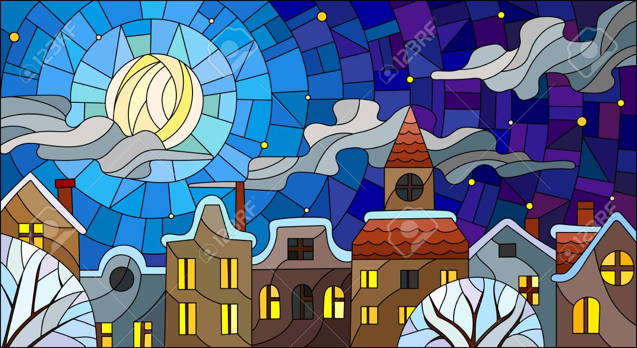 ステンド グラス スタイル、都市の風景、雪に覆われた屋根、夜空、月と