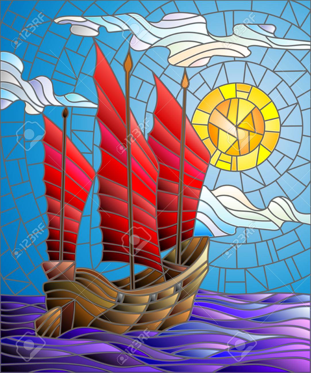 空と太陽と海のステンド グラス風の背景に赤い帆 東船図 のイラスト素材 ベクタ Image
