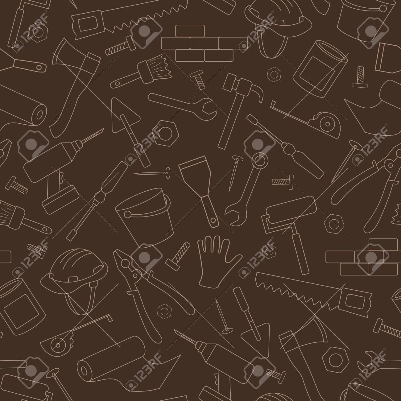 茶色の背景に光の輪郭の工事及び修理 建設機械の簡単な輪郭アイコンのトピックのシームレス背景 のイラスト素材 ベクタ Image
