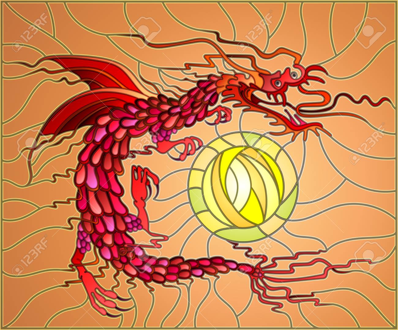 赤 翼のあるドラゴンと太陽が空にステンド グラス風イラストのイラスト素材 ベクタ Image