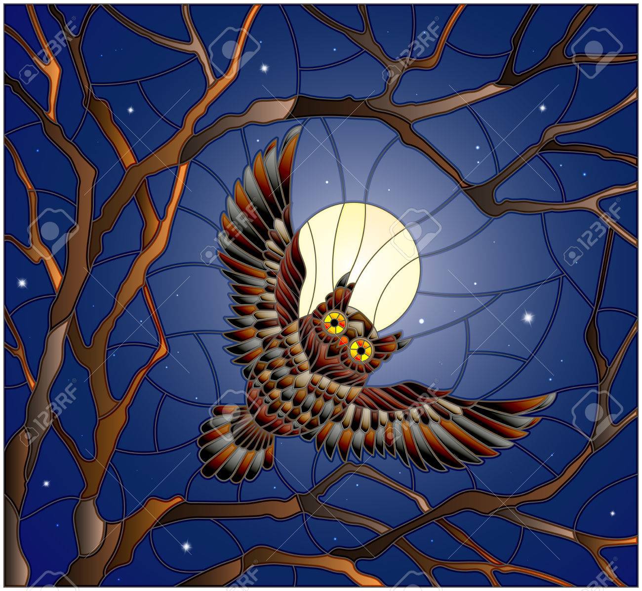 夜の星空 木の枝の間に月にフクロウのステンド グラス スタイル絵画イラストのイラスト素材 ベクタ Image