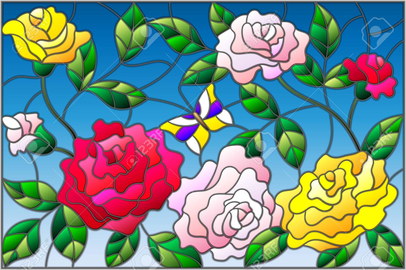 ステンドグラスパネルバラと蝶々