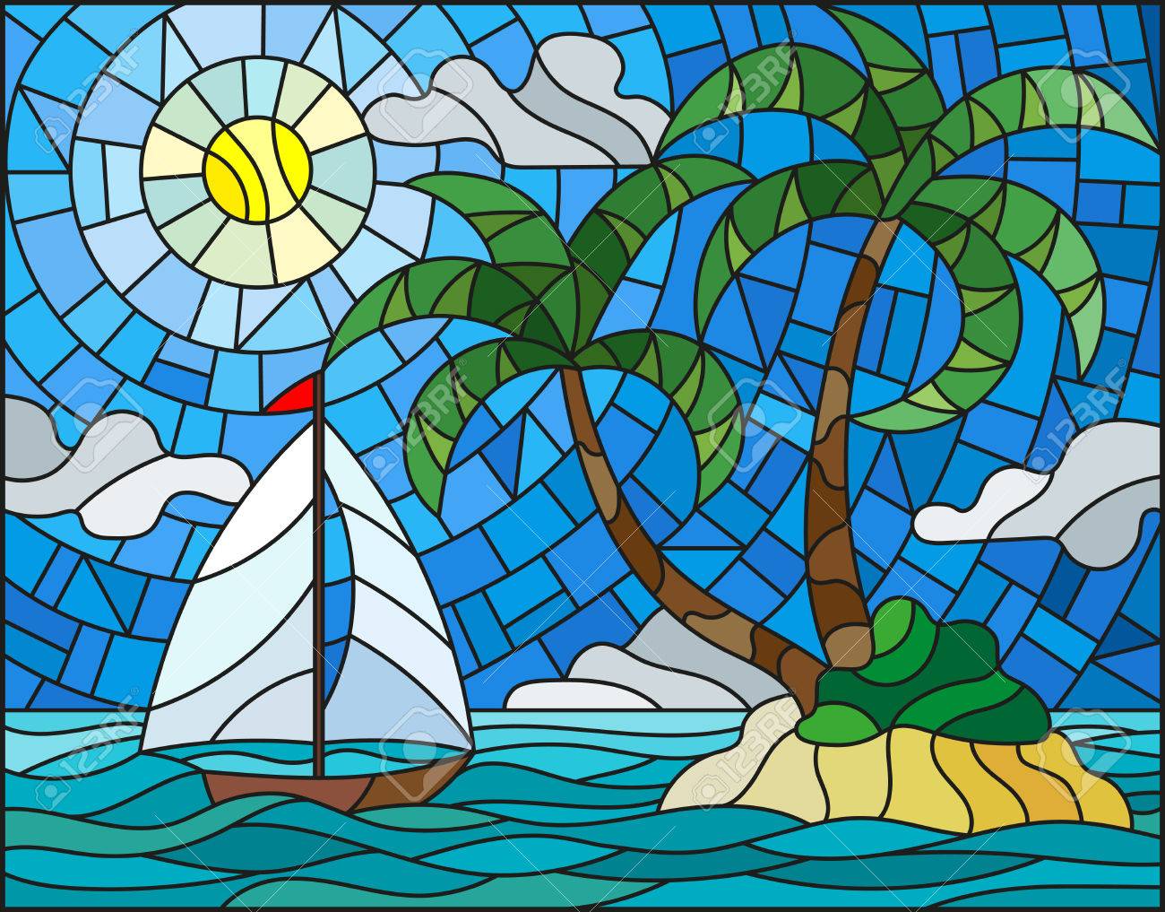 Illustration In Stained Glass Style With The Seascape, Tropical