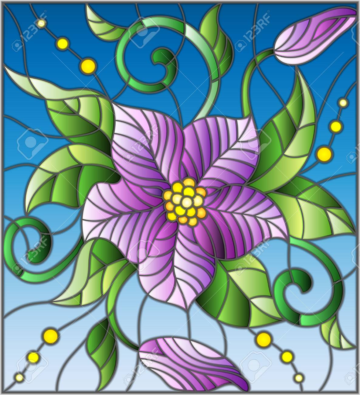 抽象的な紫の花を持つステンド グラス風イラスト芽し 葉青の背景に のイラスト素材 ベクタ Image 抽象的な紫の花を持つステンド グラス風イラスト芽し 葉青の背景に のイラスト素材 ベクタ Image
