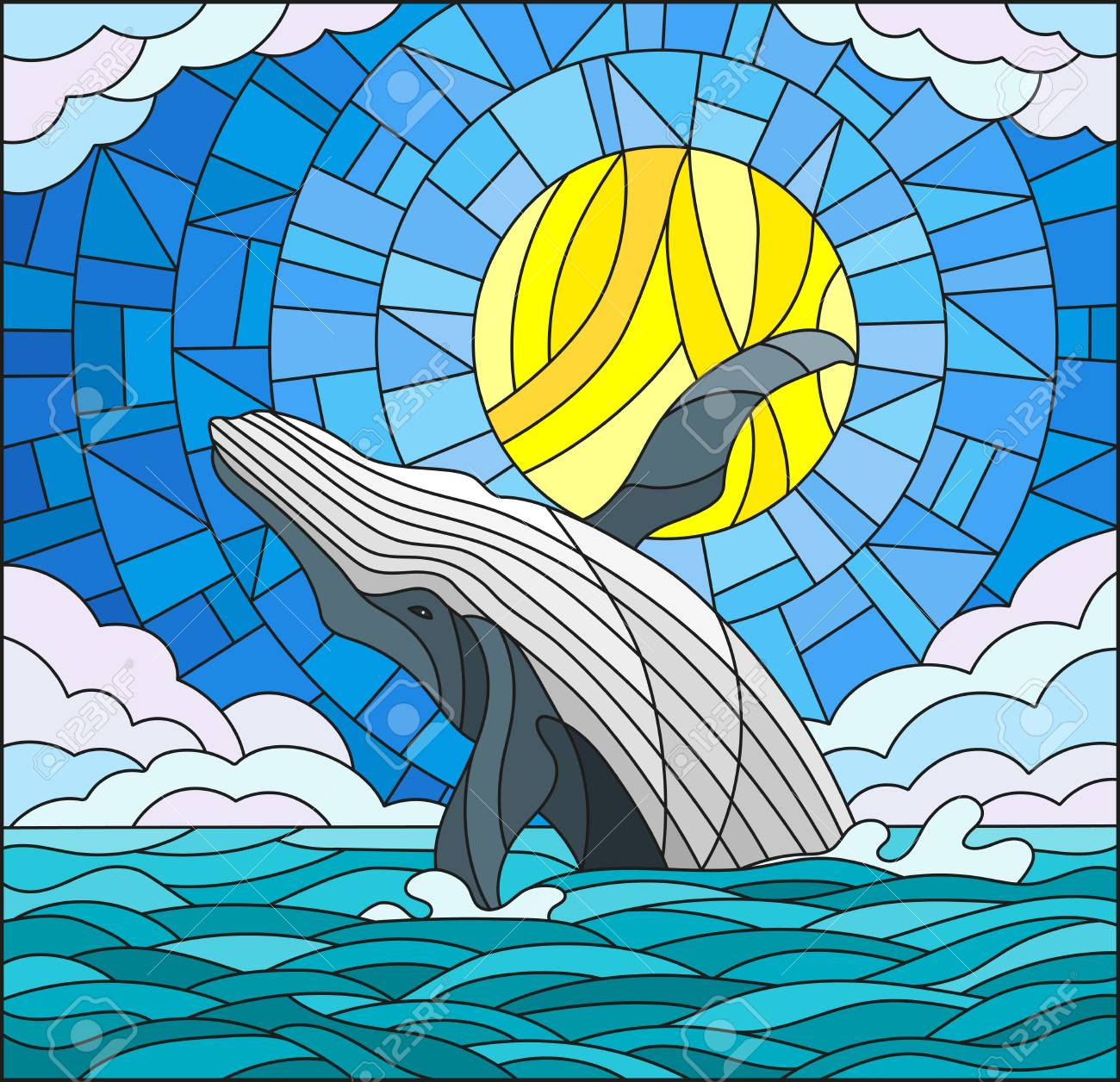 Illustration In Stained Glass Style With A Whale On The Background