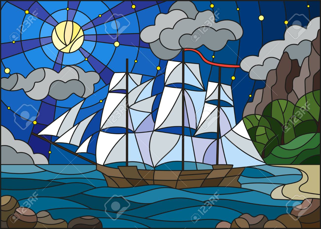 Illustration In Stained Glass Style With Sailboats Against The