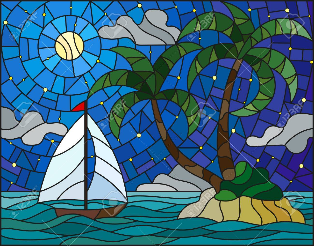 ステンド グラス仕立て海、ヤシの木と熱帯の島と海、月と星空の背景に ステンド グラス仕立て海、ヤシの木と熱帯の島と海、月と星空の背景に