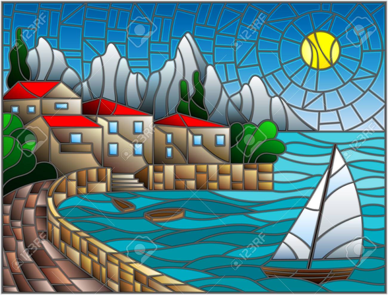 市 海と太陽とヨットでステンド グラス スタイル絵にイラストのイラスト素材 ベクタ Image