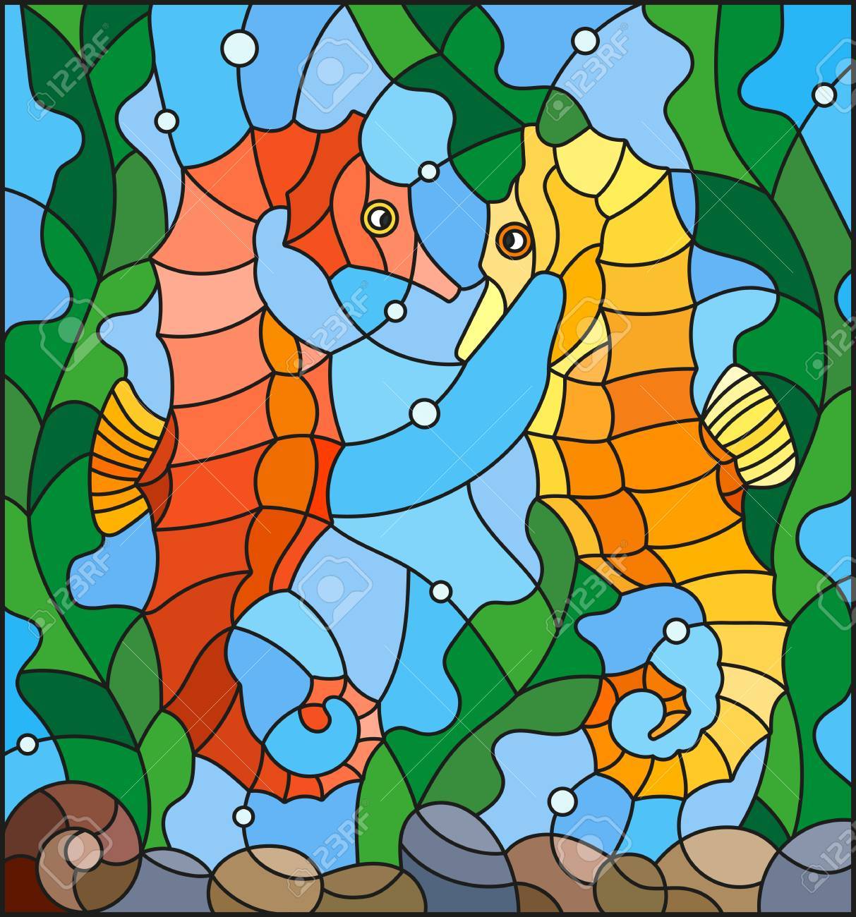 タツノオトシゴと貝殻 ヴィンテージ ステンドグラス 青 グラスマスターズ社 海 タツノオトシゴと貝殻 ヴィンテージ ステンドグラス 青 グラス