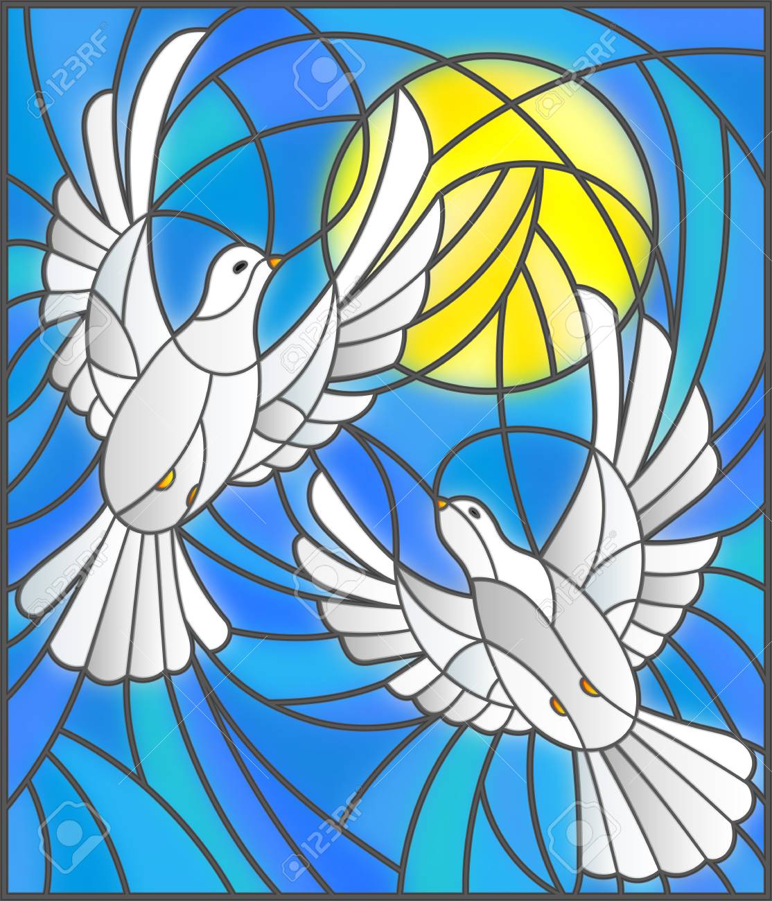 昼間の空と雲の背景に白いハトのペアでステンド グラス風イラストの