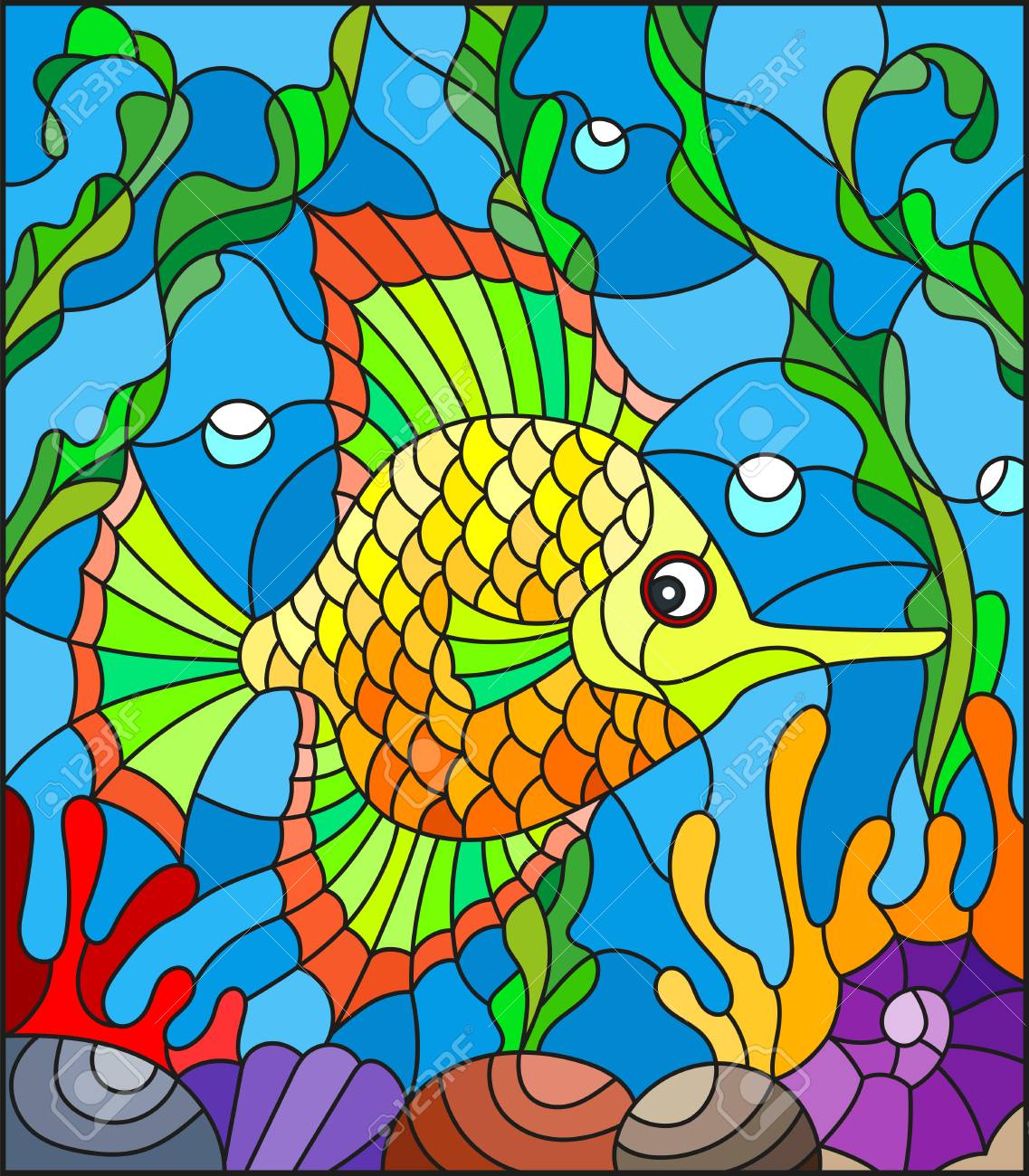 ステンド グラス仕立て海藻 サンゴや貝殻の中で抽象的なカラフルなエキゾチックな魚のイラスト のイラスト素材 ベクタ Image