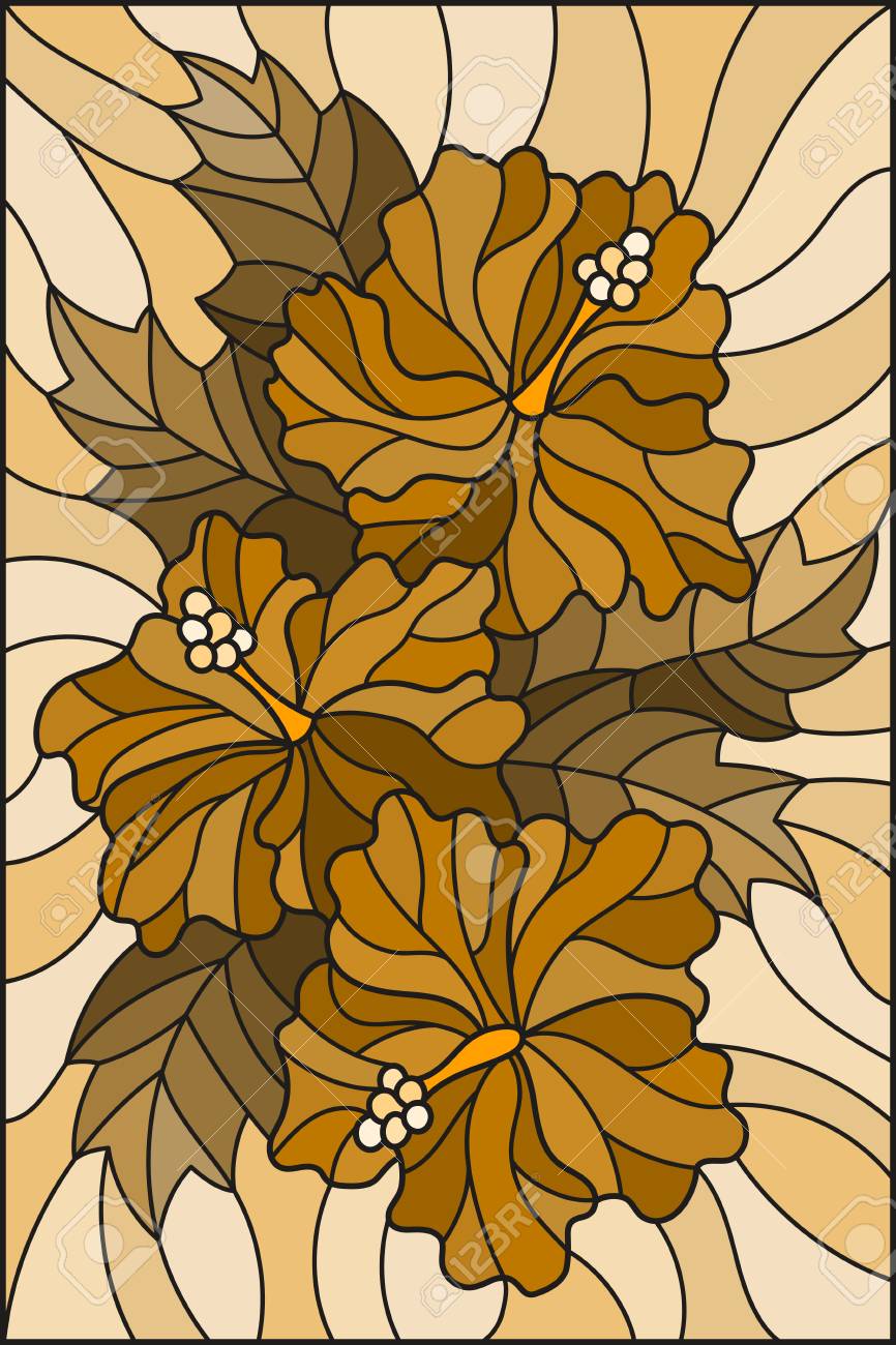 花とハイビスカス トーンのブラウン セピアの葉のステンド グラス スタイルの図 のイラスト素材 ベクタ Image