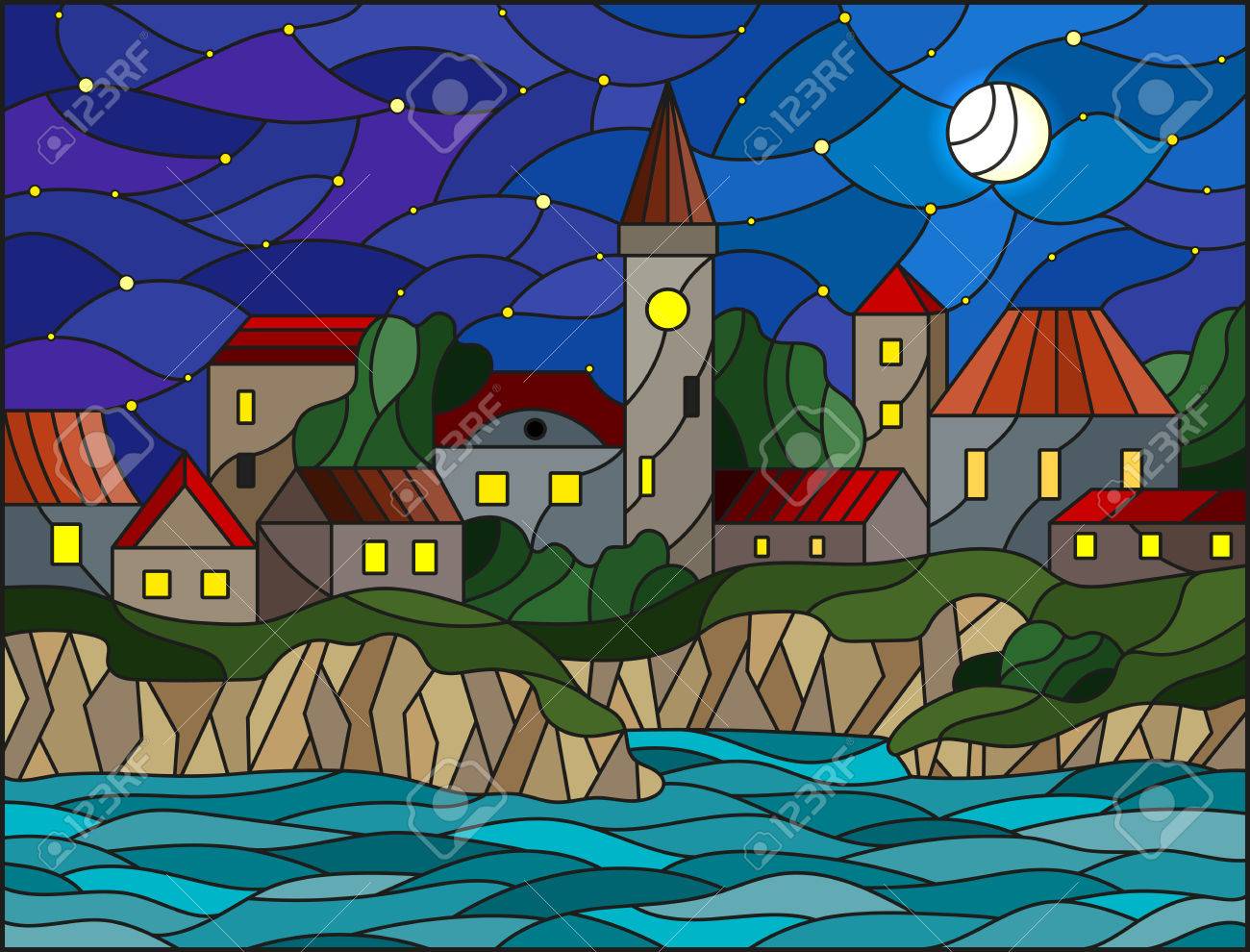 美しい風景 海 船 ボート 街並み ヴィンテージステンドグラス ダブルリム 絵画 空と太陽と海のステンド グラス風の背景に赤い帆、東船図の