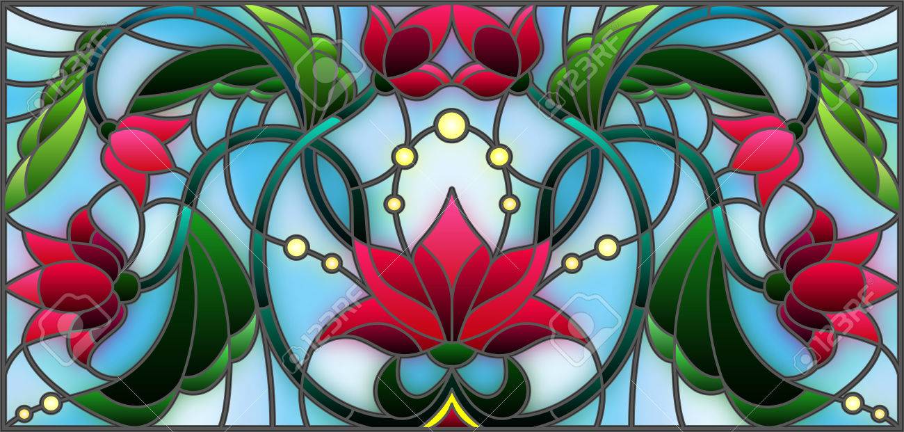 Illustration in stained glass style with abstract pink flowers on a blue background - 80441199 Illustration in stained glass style with abstract pink flowers on a blue background - 80441199