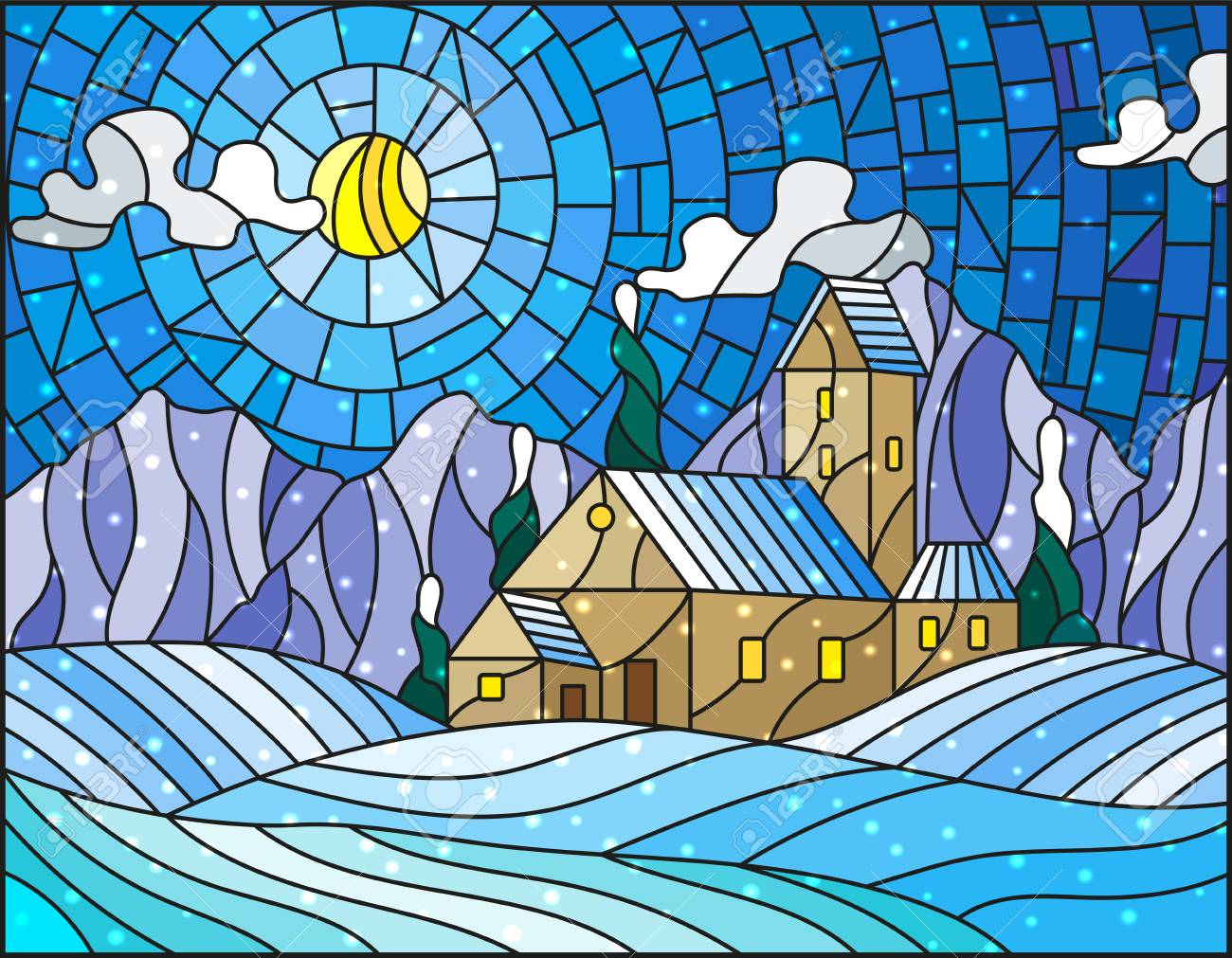 抽象的な冬の風景のステンド グラス スタイル、フィールド、山、空、雪