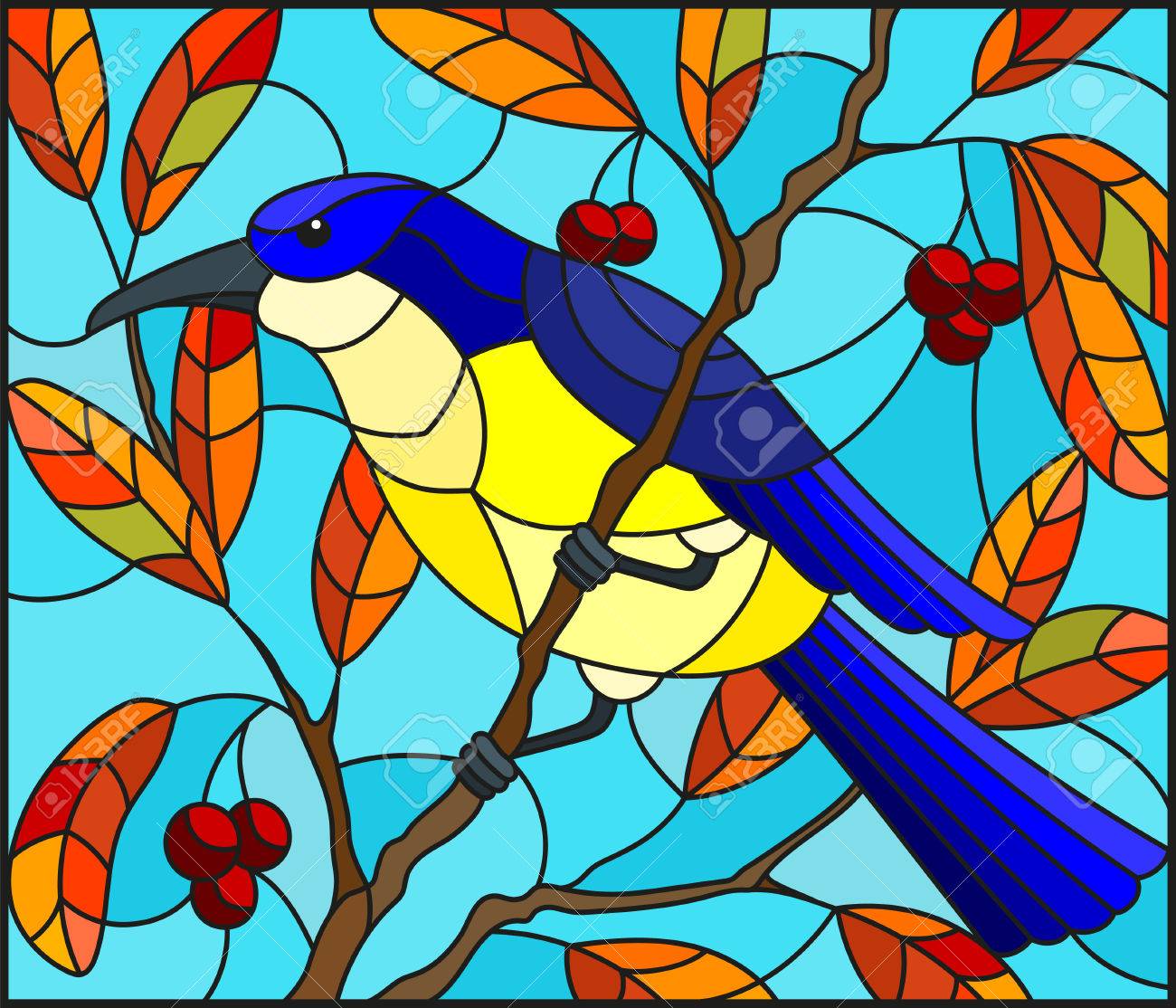 木と空の秋枝の背景に美しいルー鳥とステンド グラスのスタイルの図の