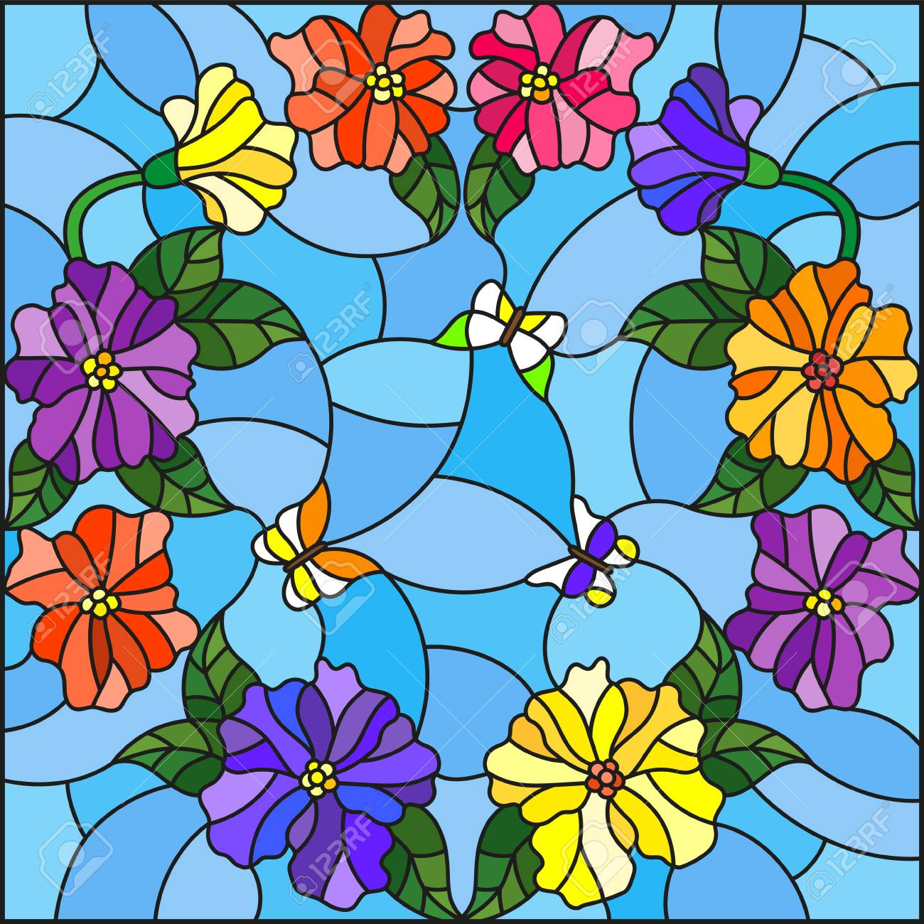 円と青の背景に蝶に明るい色の花ステンド グラス風イラスト のイラスト素材 ベクタ Image 61