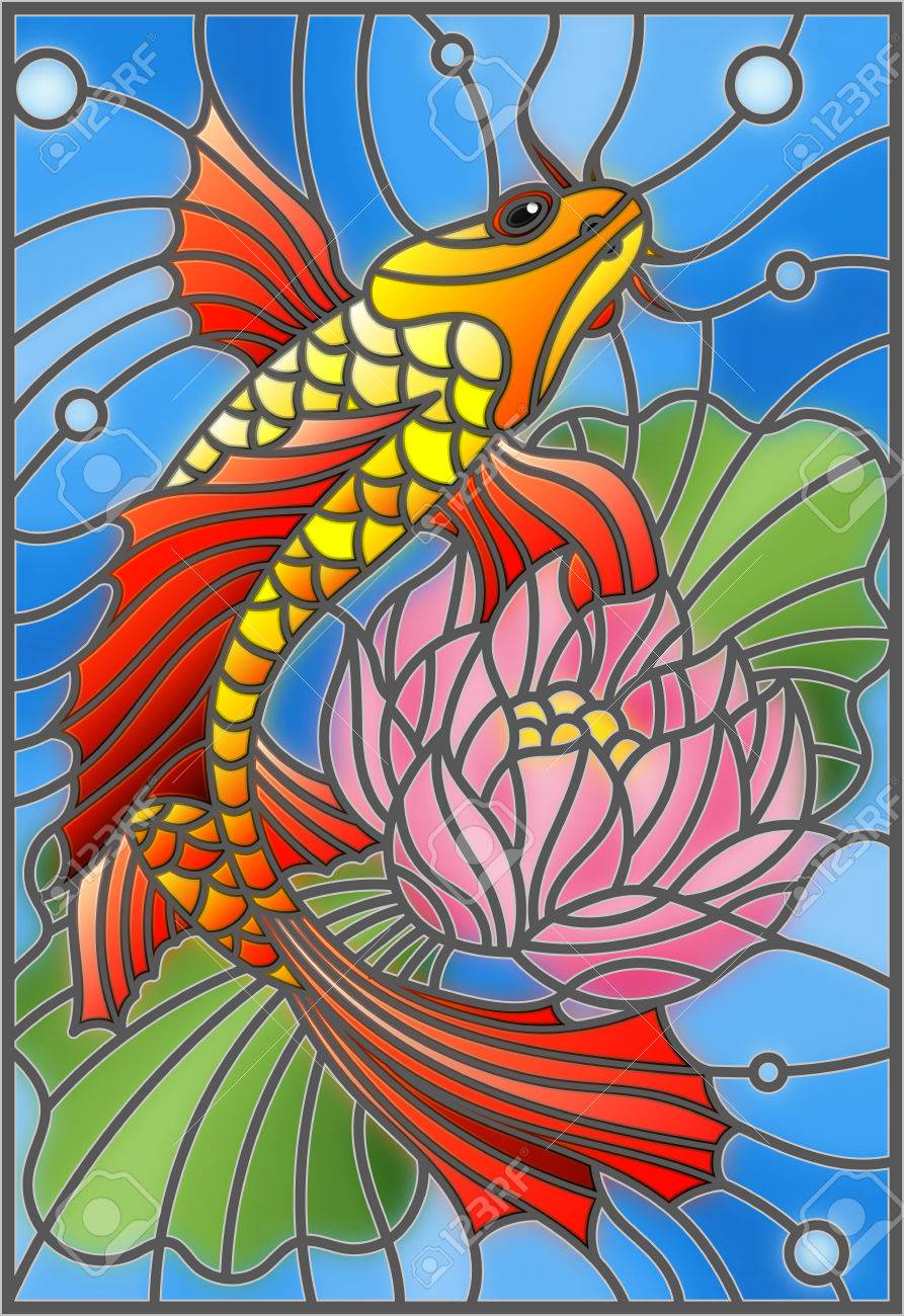 金魚と水に対する蓮の花と空気のバイアルのステンド グラスの窓のスタイルの図 のイラスト素材 ベクタ Image 7856