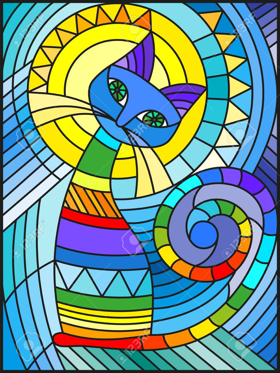 Illustration En Style Vitrail Avec Chat Geometrique Abstrait Clip Art Libres De Droits Vecteurs Et Illustration Image