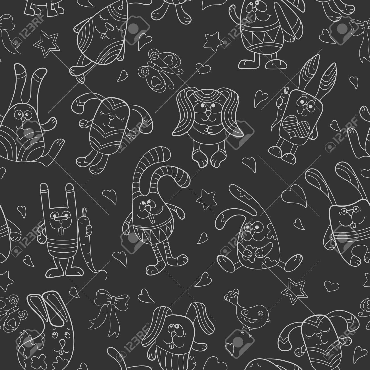 暗い背景に漫画家兎 白い輪郭の輪郭画像とシームレスなパターンのイラスト素材 ベクタ Image