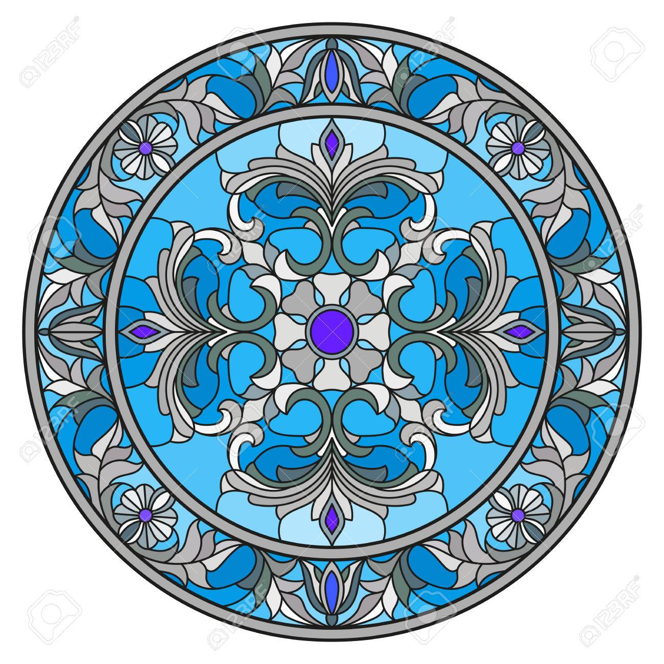 丸花飾りとまんじのミラー イメージのステンド グラス スタイル