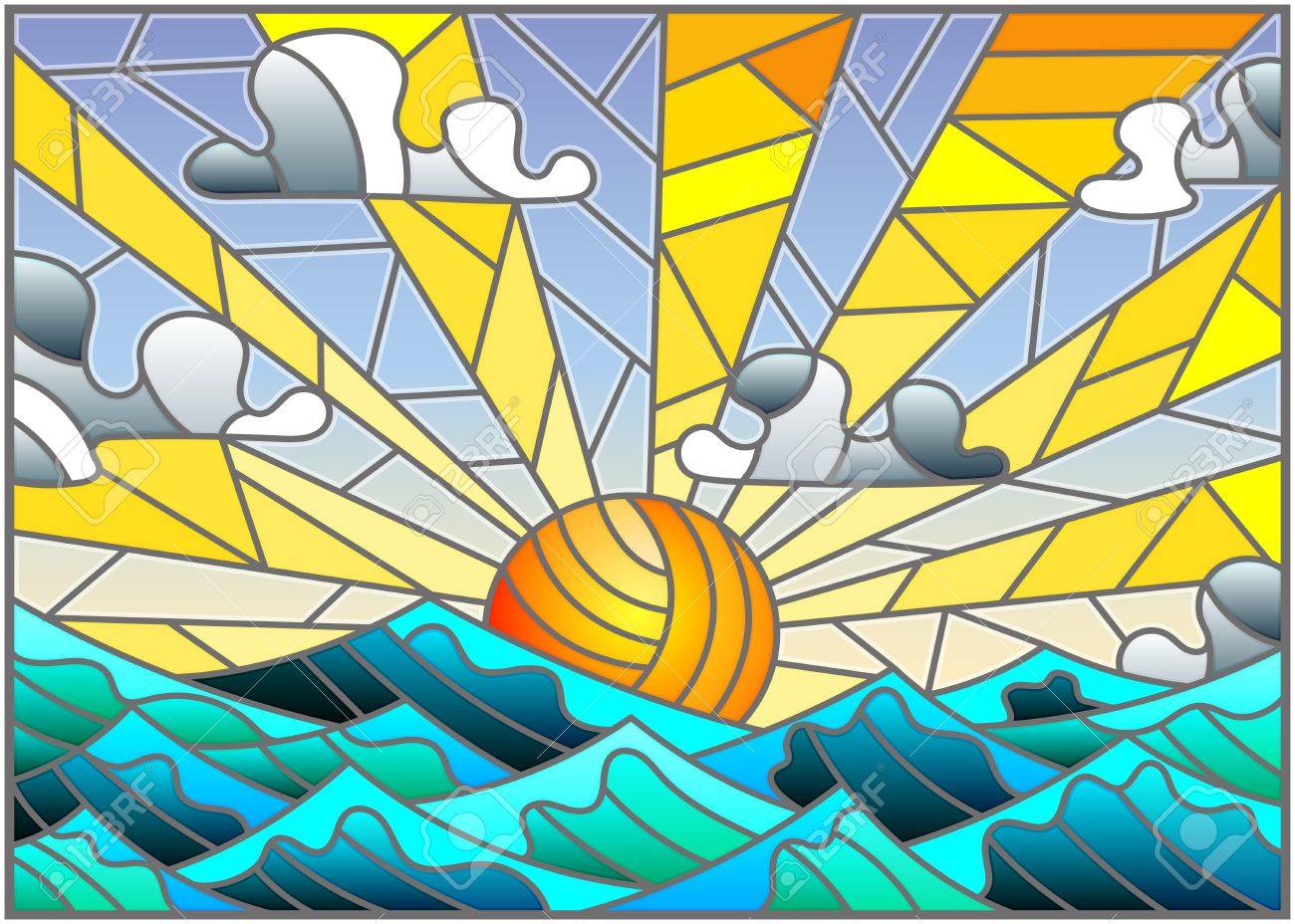 ステンド グラス仕立て海の風景 海 雲 空と太陽のイラスト のイラスト素材 ベクタ Image