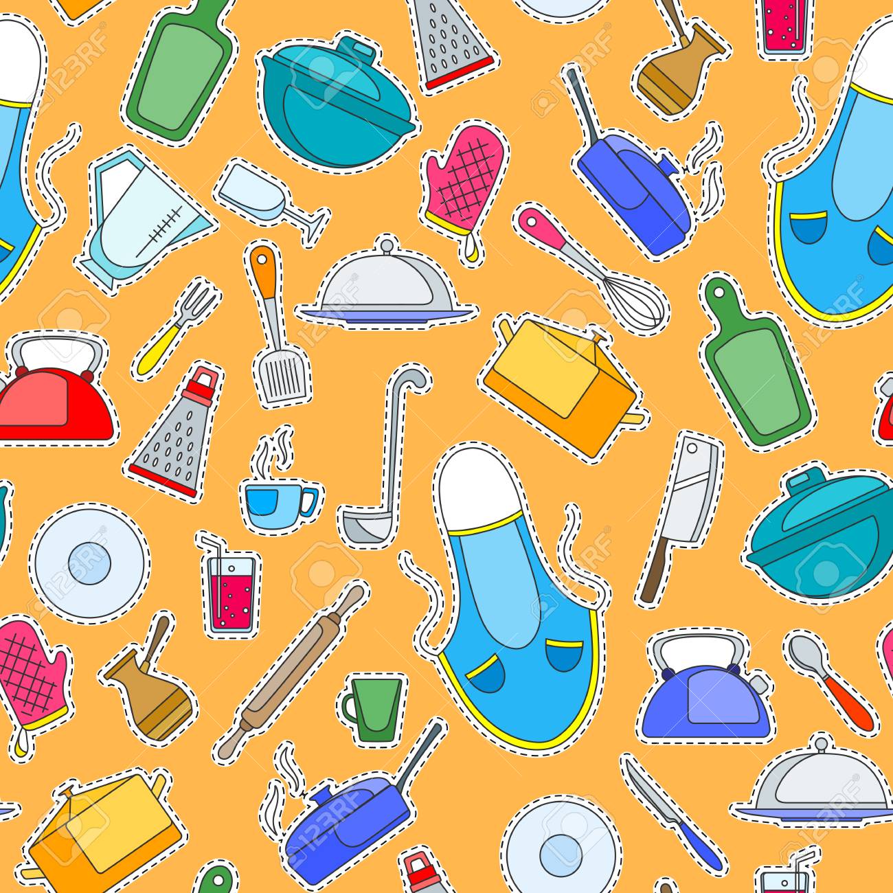 オレンジ色の背景に Patchr アイコンを描いた料理や台所用品 簡単なテーマでシームレスなパターン のイラスト素材 ベクタ Image 5044