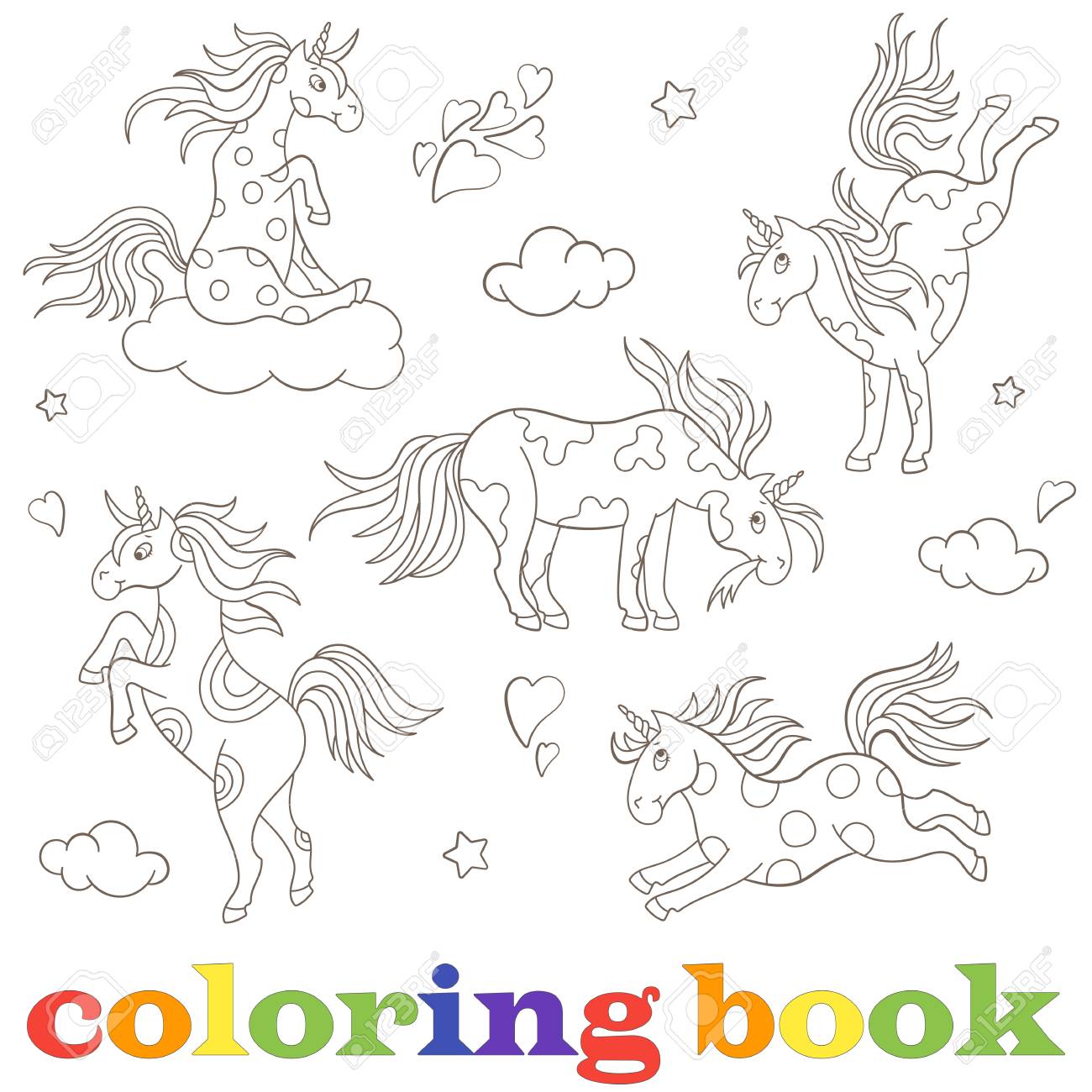 白い背景の塗り絵にユニコーン 面白い漫画の動物 黒い輪郭線の輪郭イラストを設定します のイラスト素材 ベクタ Image