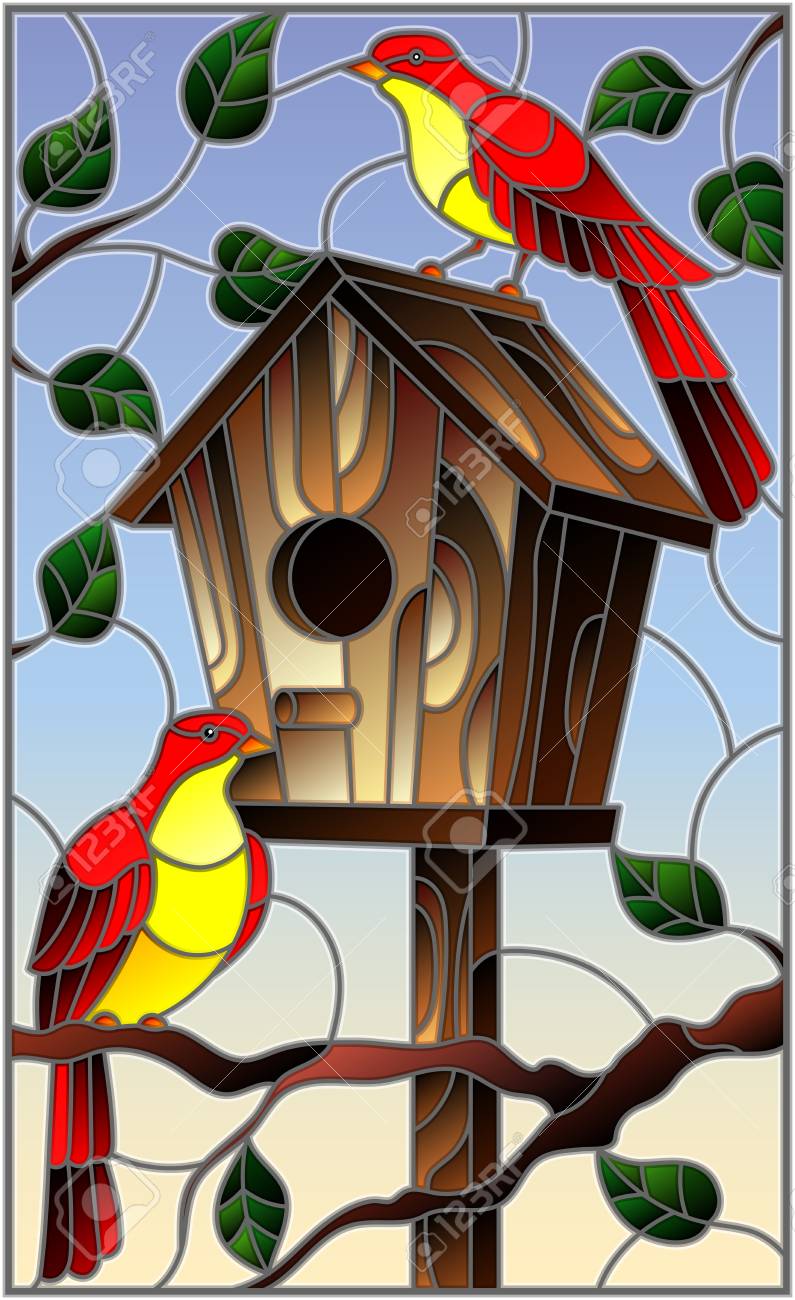 木の枝と空の背景に真っ赤な鳥と鳥小屋のペアとステンドグラススタイルのイラストのイラスト素材 ベクタ Image