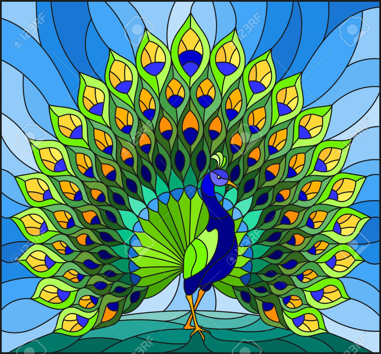 Illustration in stained glass style with colorful peacock on blue sky - 97576038 Illustration in stained glass style with colorful peacock on blue sky - 97576038