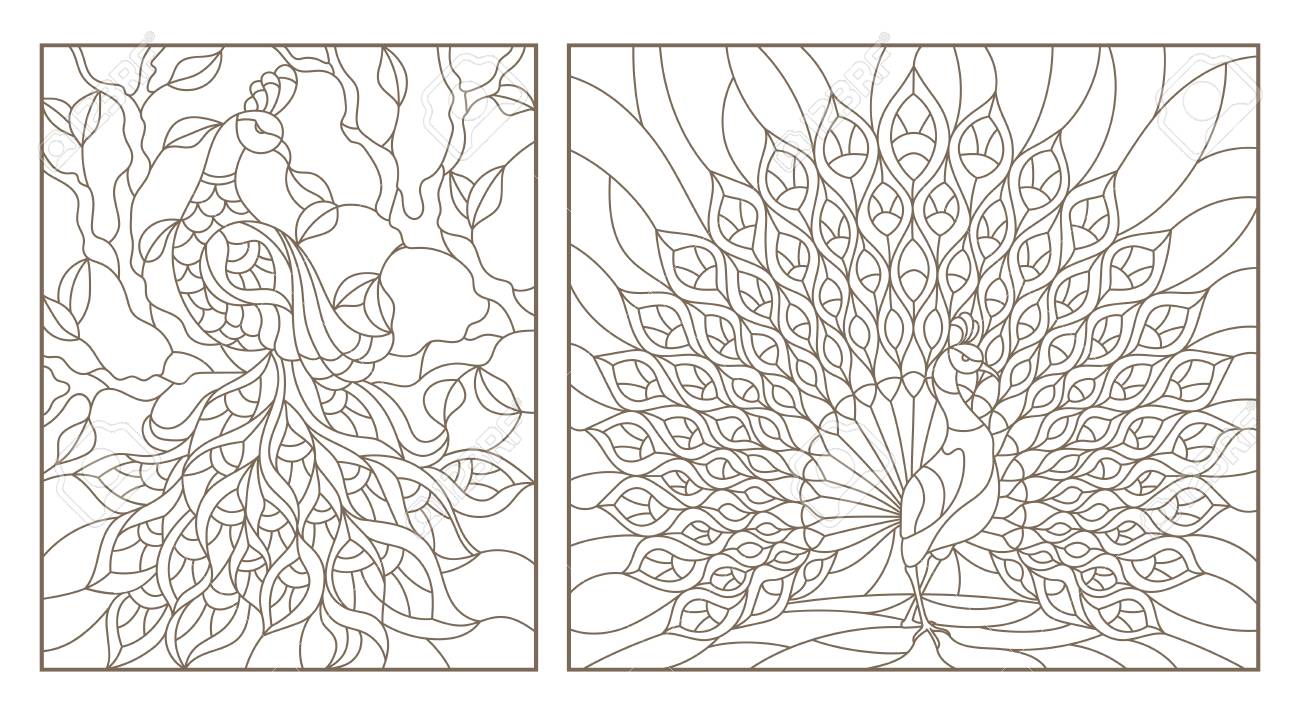 Set of outline illustrations stained glass Windows with peacocks, dark outlines on white background - 97576041 Set of outline illustrations stained glass Windows with peacocks, dark outlines on white background - 97576041
