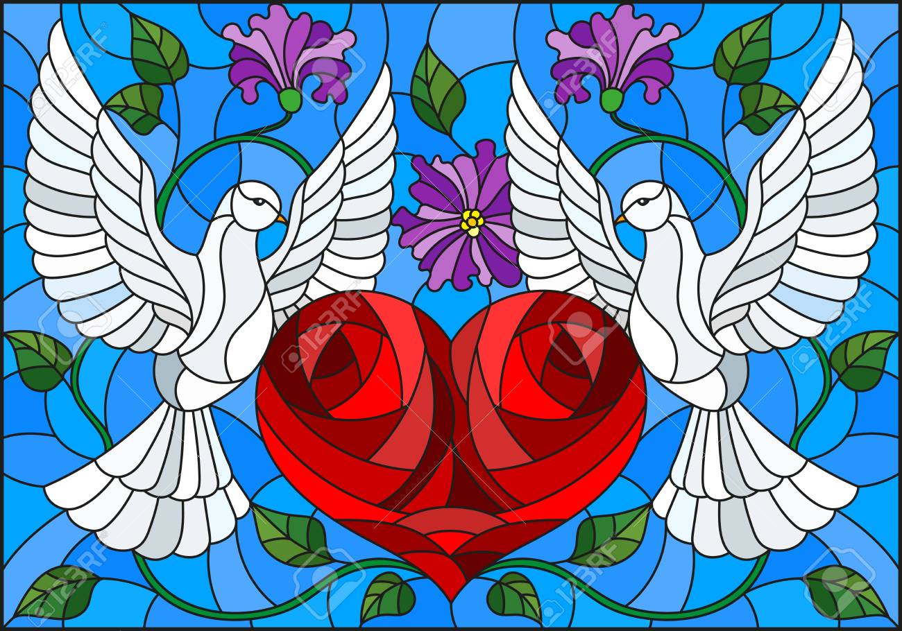 ハトのペアと空と花に対するハートとステンドグラススタイルのイラスト のイラスト素材 ベクタ Image